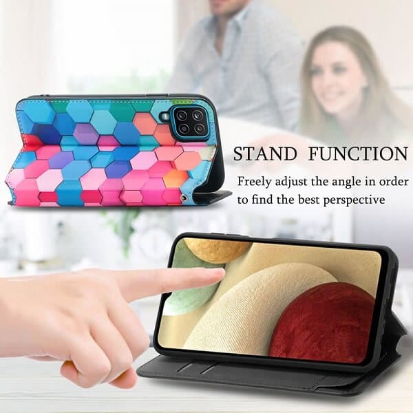 CaseNeo For Samsung Galaxy A12 Leather Wallet Flip Case With RFID Blocking Credit Card Holder Slots Cover - Colored Squares CaseNeo For Samsung Galaxy A12 Leather Wallet Flip Case With RFID Blocking Credit Card Holder Slots Cover - Colored Squares